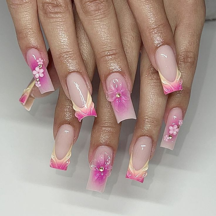 ig: acrylicsbyfatima Nails Summer 2024 Square, Pink French Design Nails, Summer Sets Nails, Cancun Mexico Nail Ideas, Hot Pink Summer Nails Designs, Punta Cana Nails, Europe Nails Travel, Summer Nail Inspo 2024, Summer Nail Sets