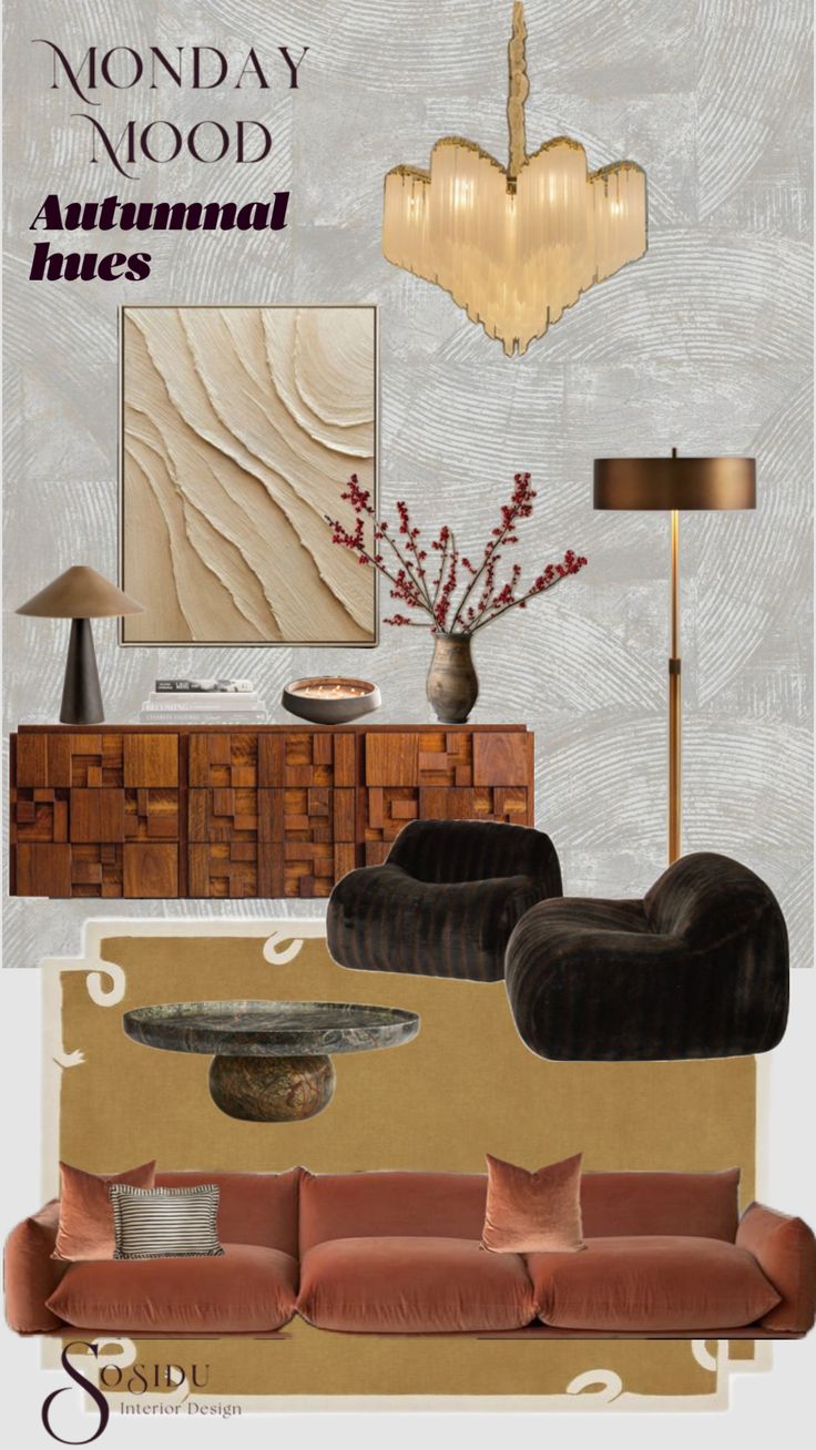 a living room is shown with furniture and decor in shades of brown, beige, and gold