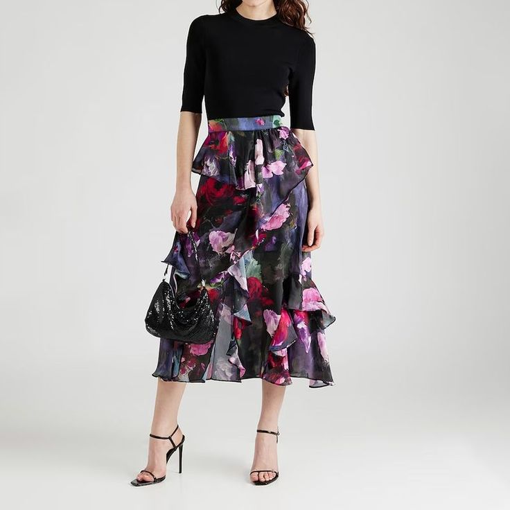 Chic Midi Dress With Ruffles, Feminine Formal Midi Dress, Summer Midi Dress With Ruffled Skirt, Evening Midi Dress With Ruffled Skirt, Silk Midi Dress For Party, Evening Dress With Ruffled Midi Skirt, Feminine Ruffled Midi Dress, Feminine Midi Dress With Ruffled Skirt, Flowy Midi Dress With Ruffle Hem