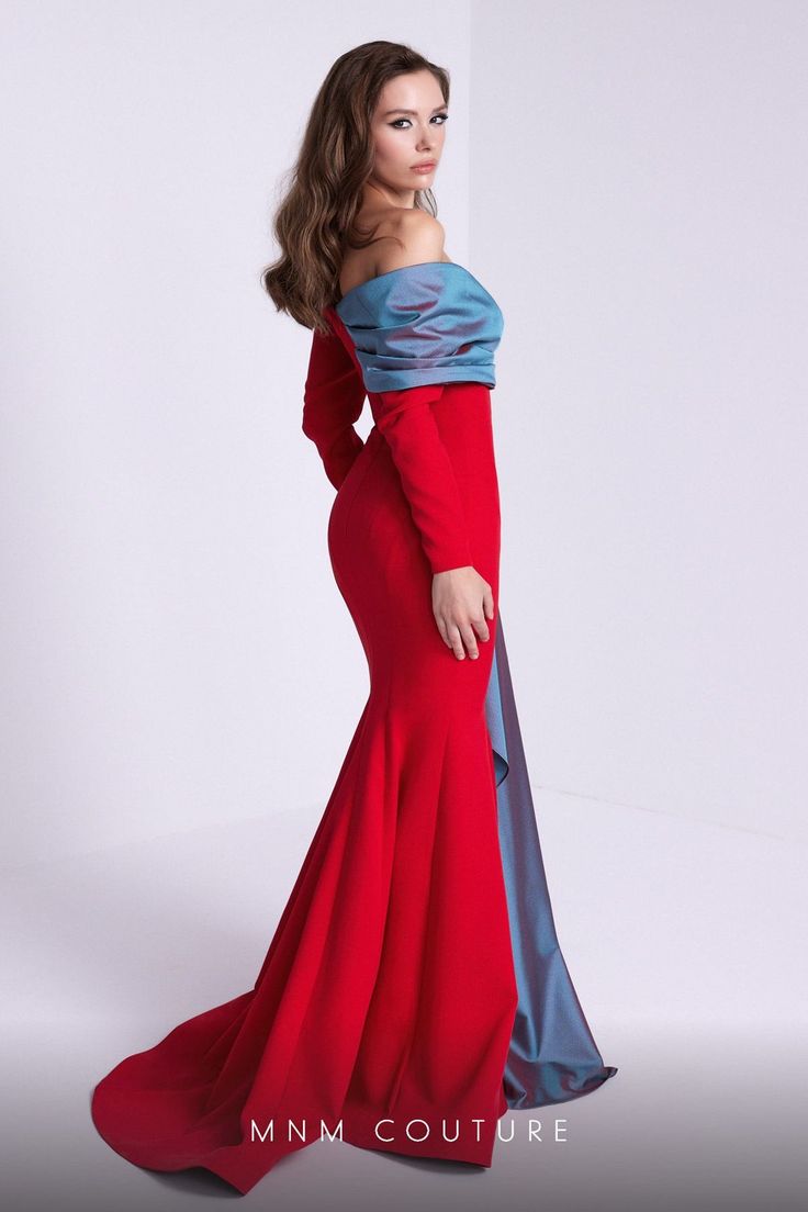 MNM Couture N0561 Spring 2024 evening collection dress. Mnm Couture, Plastic Dress, Dress Cover, Spring 2024, Dress Collection, Red Color, Bead Work, Types Of Sleeves, Dress Up