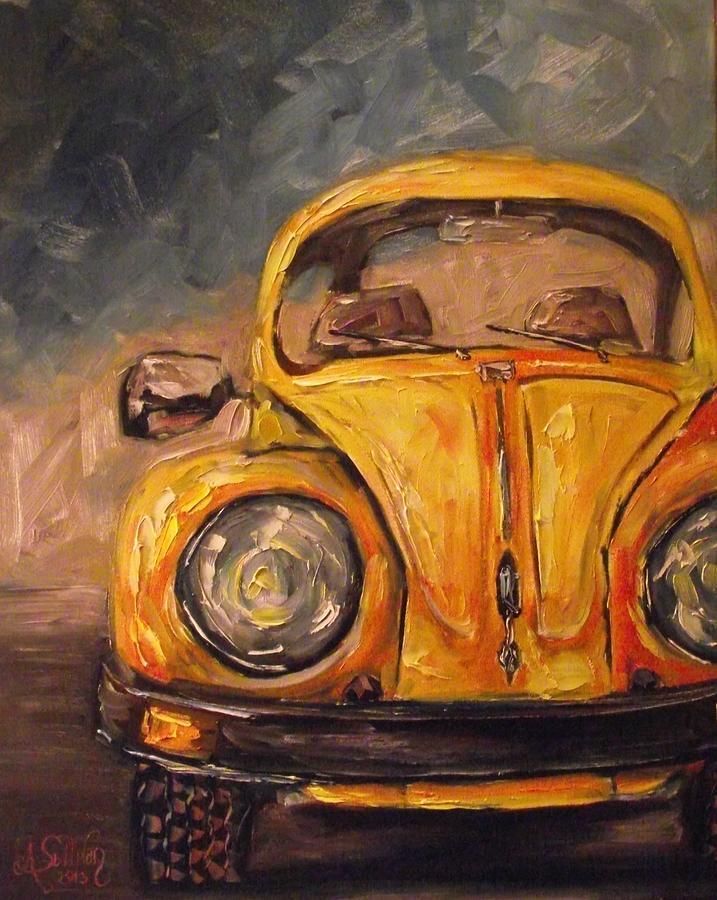 an oil painting of a yellow car