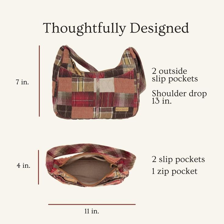 CONFIDENTLY COUNTRY: Crimson, khaki and espresso brown plaid patchwork pair well with your daily look for a traditional country patchwork vibe.SIZED JUST RIGHT: Not too big and not too small, the Blakely measures 11" wide, 9.5” high at the sides (7" in the middle), and 4" deep. The shoulder strap is 22.5" long with a 13" drop. It’s the perfect hobo-style bag to carry everything you need!PLENTY OF POCKETS: With 2 inside slip pockets, 1 inside zip pocket, and 2 outside slip pockets, the Blakely ma Fall Moodboard, 2024 Clothes, I'm Crazy, Plaid Throw, Espresso Brown, Americana Fashion, Hobo Style, Dream Style, Pretty Bags