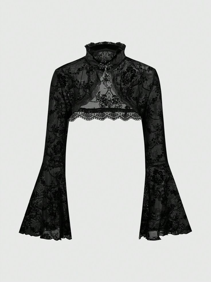 Gothic Versatile Slit Bell Sleeve Women Retro Flocked Black Lace Top Black Sexy  Long Sleeve Flocking Plain  Medium Stretch  Women Clothing, size features are:Bust: ,Length: ,Sleeve Length: Victorian Goth Woman, Romantic Goth Fashion, Black Lace Long Sleeve Top, Goth Plus Size, Goth Tops, Victorian Shirt, Top In Pizzo, Gothic Lace, Gothic Tops