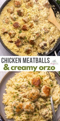 chicken meatballs and creamy orzo in a skillet