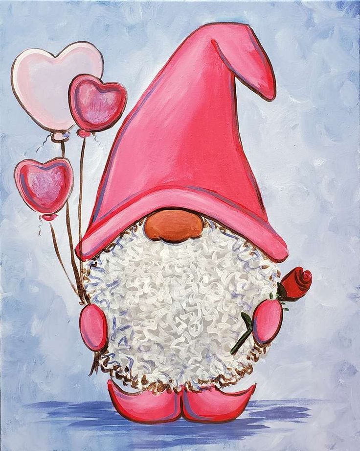 a painting of a gnome holding balloons and hearts on a blue background that says happy valentine's day