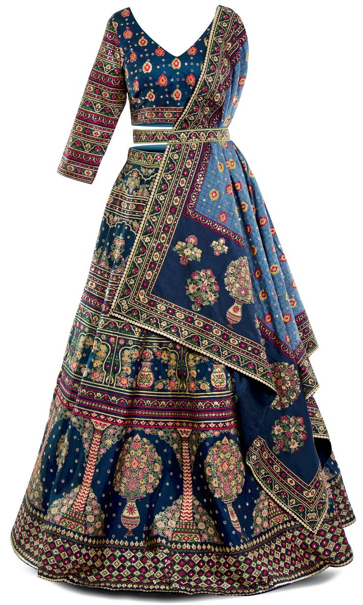 This traditional 4 piece stunner is a whole vibe! The fabric is a soft banasari silk and the entire lehenga has beautiful, delicate, embroidery. The set comes with a belt that you can simple wear around your waist as an accessory or wrap your shawl in place with. With it's vibrant colors, this lehenga is all about slaying weddings and all Indian festivities! Prefer the skirt and shawl with a sleeveless blouse? Let us know and we will make it happen :) Bohemian Semi-stitched Raw Silk Traditional Wear, Semi-stitched Jamawar Sets With Motifs, Traditional Drape Bollywood Lehenga For Ceremonies, Bollywood Style Lehenga For Traditional Ceremonies, Fitted Dupatta With Intricate Embroidery For Traditional Ceremonies, Intricate Embroidery Dupatta For Traditional Ceremonies, Designer Bollywood Lehenga In Jamawar, Bohemian Silk Anarkali Set For Wedding, Designer Jamawar Lehenga With Zari Work