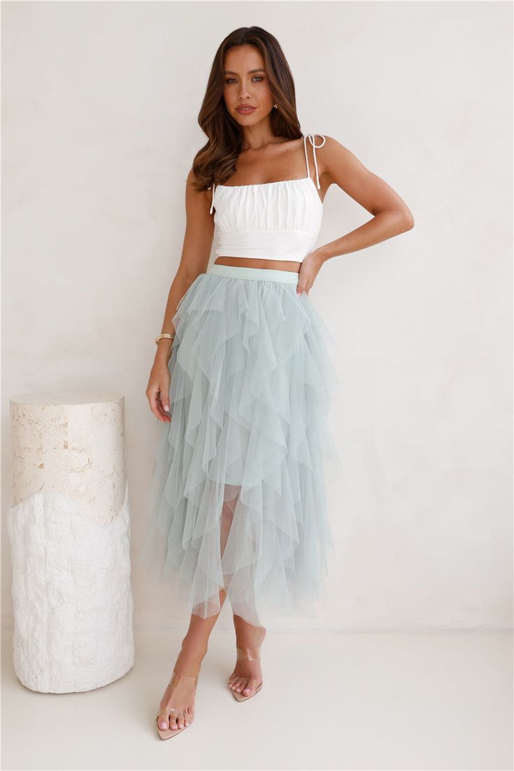 Twirl This Way Tulle Midi Skirt Sage Tutu Skirt Bridesmaid, Sequin Crop Top And Tulle Skirt, Tulle Skirt With Feather Top, Tulle Skirt Off Shoulder Top, Shoes For Tulle Skirt, Coral Mini Dress, Tulle Midi Skirt, Trendy Skirts, Long Bodycon Dress