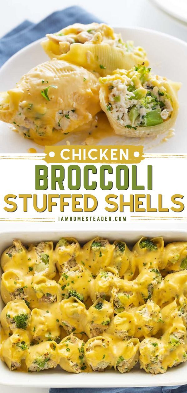 chicken broccoli stuffed shells in a casserole dish with text overlay