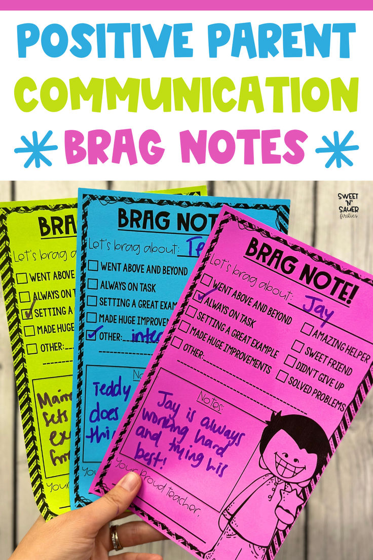 three brag notes with the text, positive parent communication and brag notes