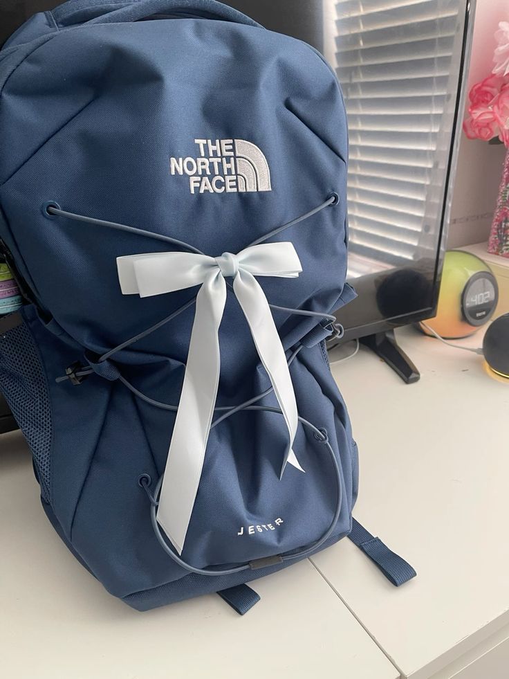 Navy Blue North Face Backpack, Northface Backpacks Aesthetic, North Face Backpack Aesthetic, Blue North Face Backpack, Blue School Aesthetic, College Backpack Aesthetic, Northface Backpacks, North Face Backpacks, Cute Backpacks For School