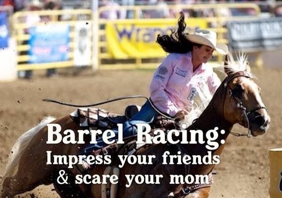 a woman riding on the back of a brown horse next to a yellow sign that says barrel racing impress your friends & scare your mom