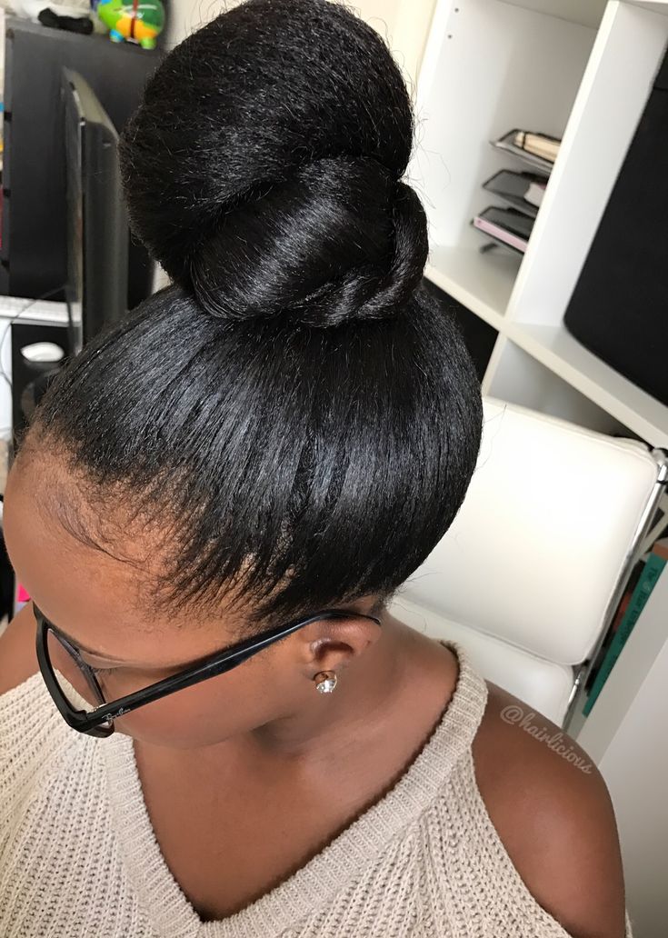 Top knot bun protective style on relaxed hair | www.hairliciousinc.com Relaxed Hairstyles, Cute Bun Hairstyles, Healthy Relaxed Hair, Top Knot Bun, Knot Bun, Transitioning Hairstyles, Asymmetrical Hairstyles, Hairstyles Bun, Braided Bun Hairstyles