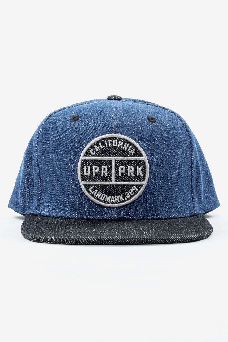 UPR PRK Cali Badge Hat OSFA Snapback High Profile Blue Cotton Trucker Snapback Hat, Blue Cotton Snapback Trucker Hat, Adjustable Snapback Hat With Graphic Print And Flat Bill, Adjustable Snapback Hat With Graphic Print, Blue Snapback Hat With Letter Print And Flat Brim, Graphic Print Flat Bill Baseball Cap, Retro Cotton Trucker Hat With Letter Print, Blue Cotton 5-panel Snapback Hat, Denim Snapback Trucker Hat