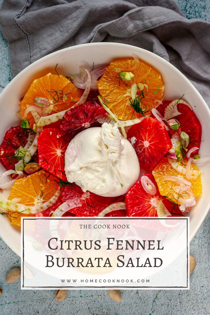 citrus fennel burrata salad in a white bowl