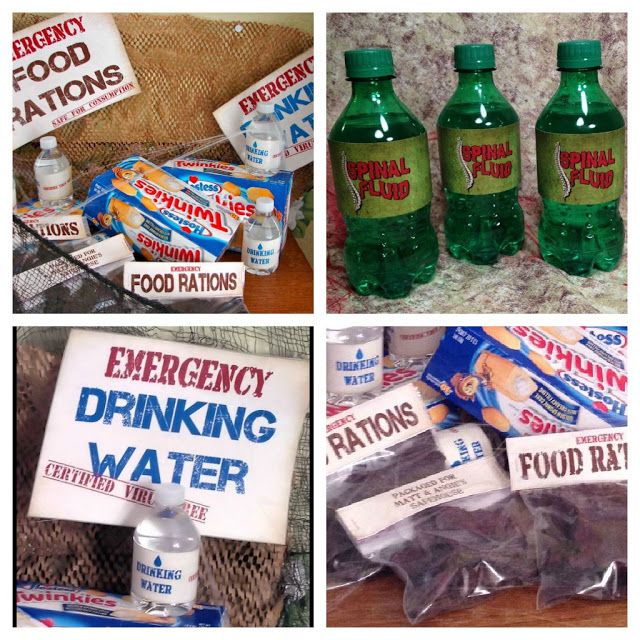 four different pictures with water, food and other items in them to be used as an emergency kit