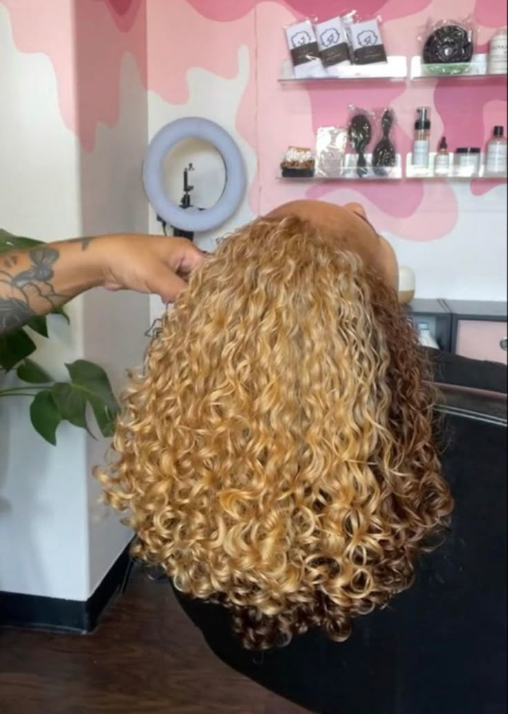 Blonde Highlights On Natural Curly Hair, Black And Honey Blonde Hair, Brown And Blonde Hair Curly, Blonde And Brown Hair Color Half, Strawberry Blonde Natural Hair, Died Curly Hair, Honey Brown Curly Hair, Honey Blonde Natural Hair, Curly Dyed Hair Natural Curls