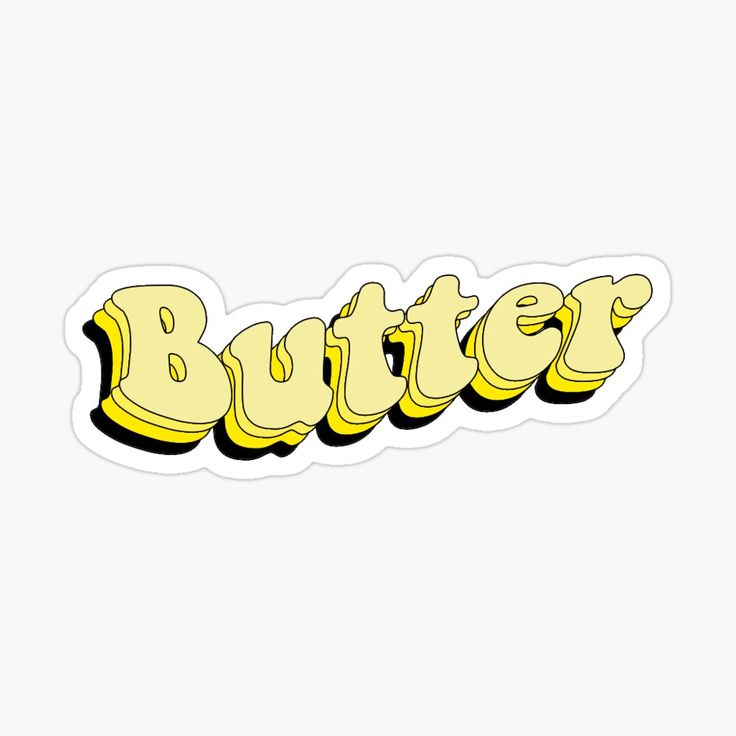 the word butter written in yellow and black on a white background stickers are also available for