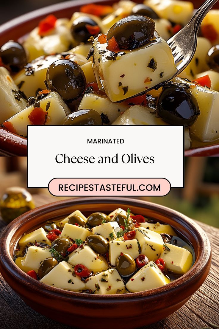 cheese and olives in a bowl with a fork