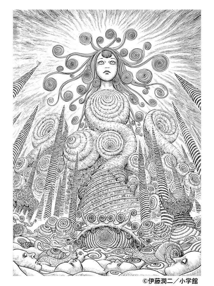 a drawing of a woman surrounded by many circles and swirls, with the sun above her