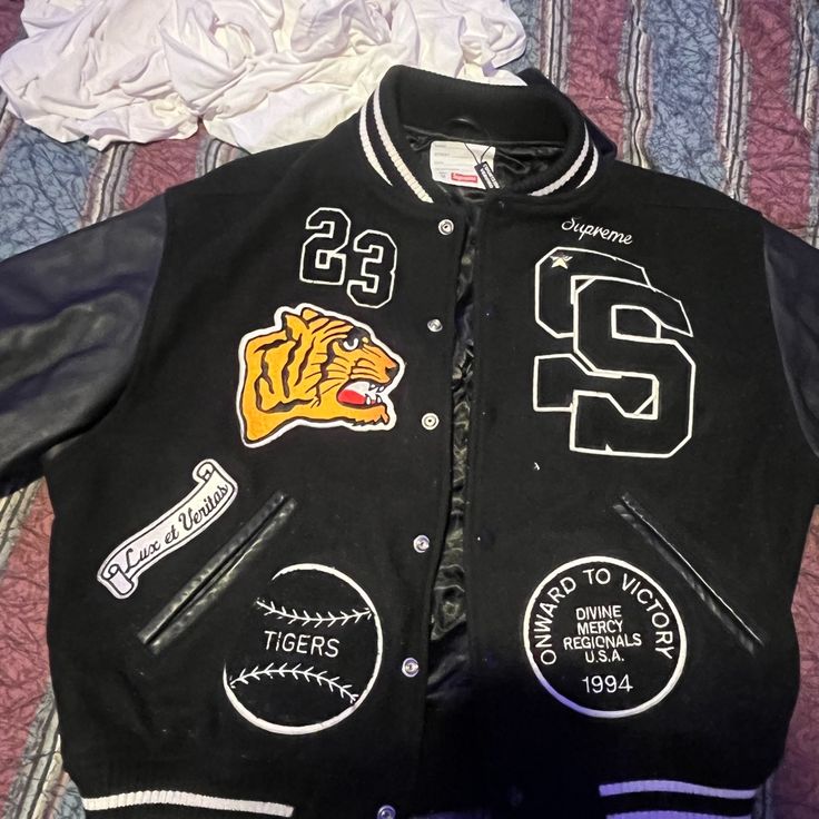 A New Supreme Varsity Jacket Worn Maybe Twice Retails For 3 Times As Much So U Can Definitely Resale If U Want Black Varsity Jacket With Pockets For Work, Casual Black Sport Coat For College, Black Varsity Long Sleeve Sport Coat, Black Sport Coat For College, Black Long Sleeve Varsity Sport Coat, Black Long Sleeve Sport Coat For College, Black Varsity Sport Coat For Winter, Urban Black Varsity Jacket For Workwear, Black Varsity Sport Coat For College