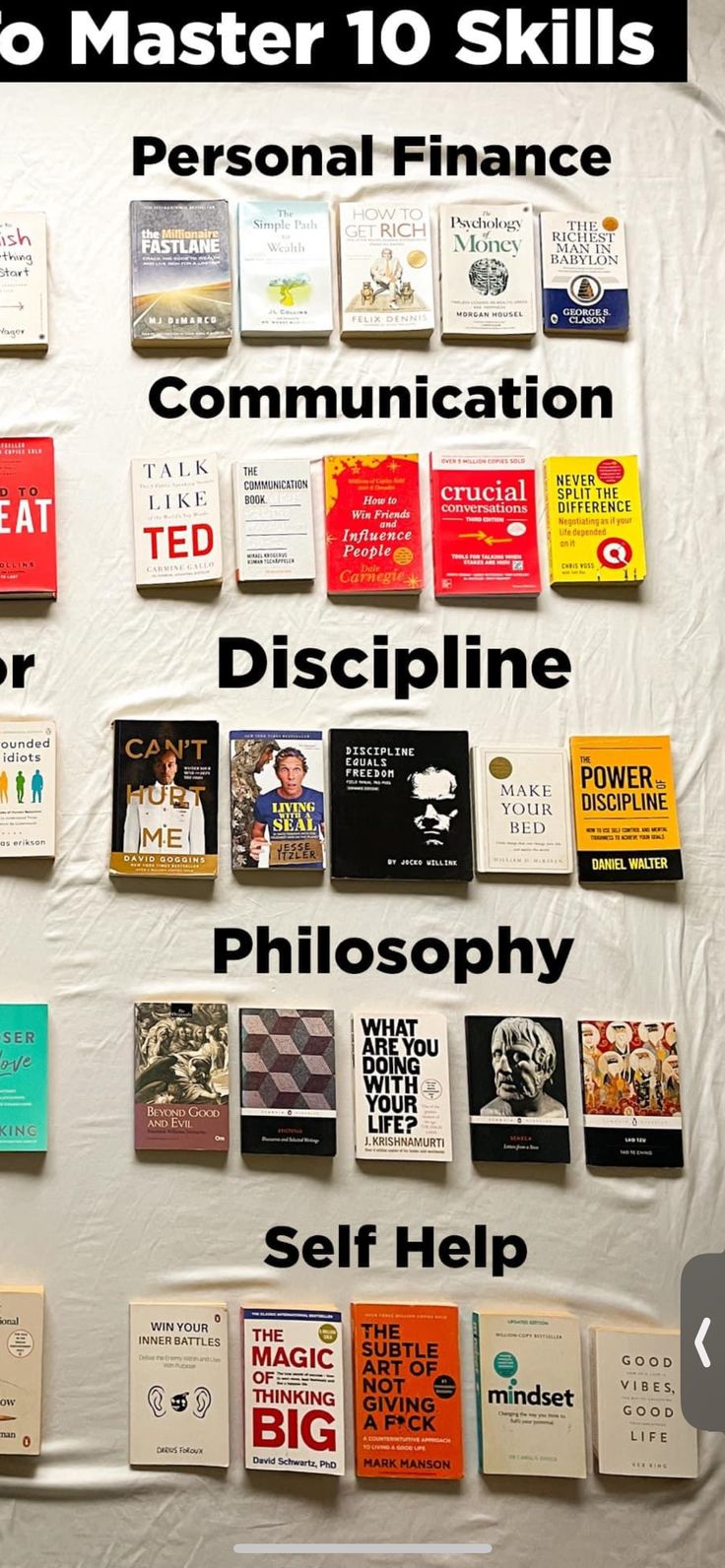 there are many books on the wall with words above them that read to master 10 skills personal finance communication discipline photography self help