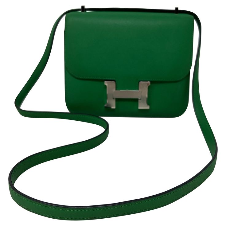 Hermes Green Constance 18 Bag. Palladium silver hardware. Box smooth leather. Rare color and size. Interior clean. Great investment bag. Includes dust bag and box. Guaranteed authentic. Chanel 2014, Investment Bags, Interior Clean, Crocodile Bags, Modernist Jewelry, Hermes Constance, Togo Leather, Kelly Bag, Vintage Hermes