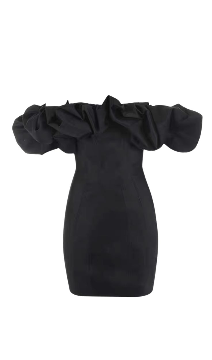 Introducing the Black Satin Ruffle Strapless Dress Get ready to turn heads in this stunning strapless dress. Made from a lustrous heavyweight duchess satin, this dress is designed to create the perfect hourglass shape. The clever paneling and oversized ruffles on the shoulders add a touch of drama, while the off-shoulder cut exudes sexiness. Whether you're attending a cocktail party or a special event, this dress is sure to make a statement. Key Features: Made from double duchess satin for a lux Satin Corset Dress With Ruffles For Evening, Evening Satin Corset Dress With Ruffles, Satin Strapless Dress With Ruffles For Cocktail, Cocktail Strapless Satin Dress With Ruffles, Black Ruched Satin Corset Dress, Black Satin Party Dress, Black Ruched Off Shoulder Dress For Evening, Black Ruched Off Shoulder Evening Dress, Elegant Strapless Satin Dress With Ruffles