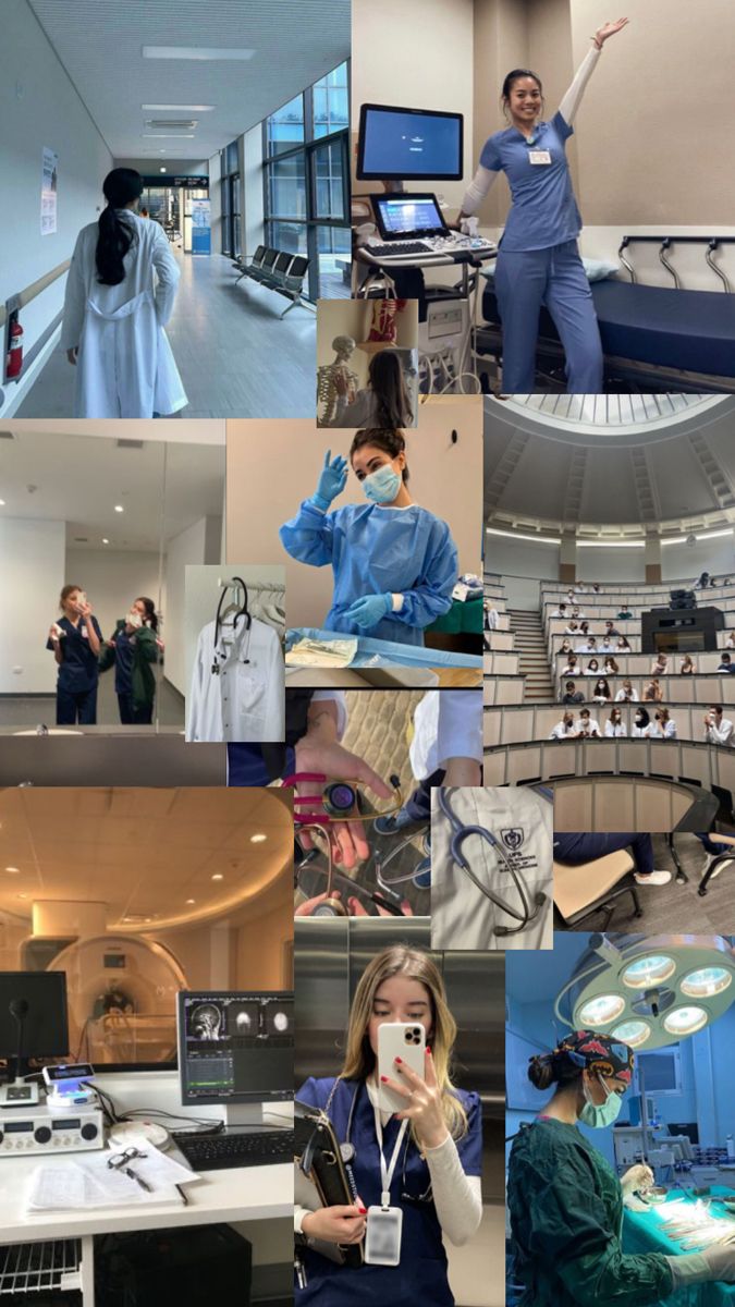 a collage of pictures with people in scrubs and medical gowns on them