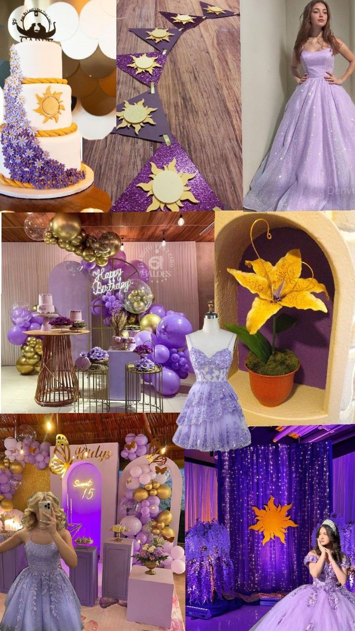 a collage of photos with purple and yellow theme for a princess themed birthday party