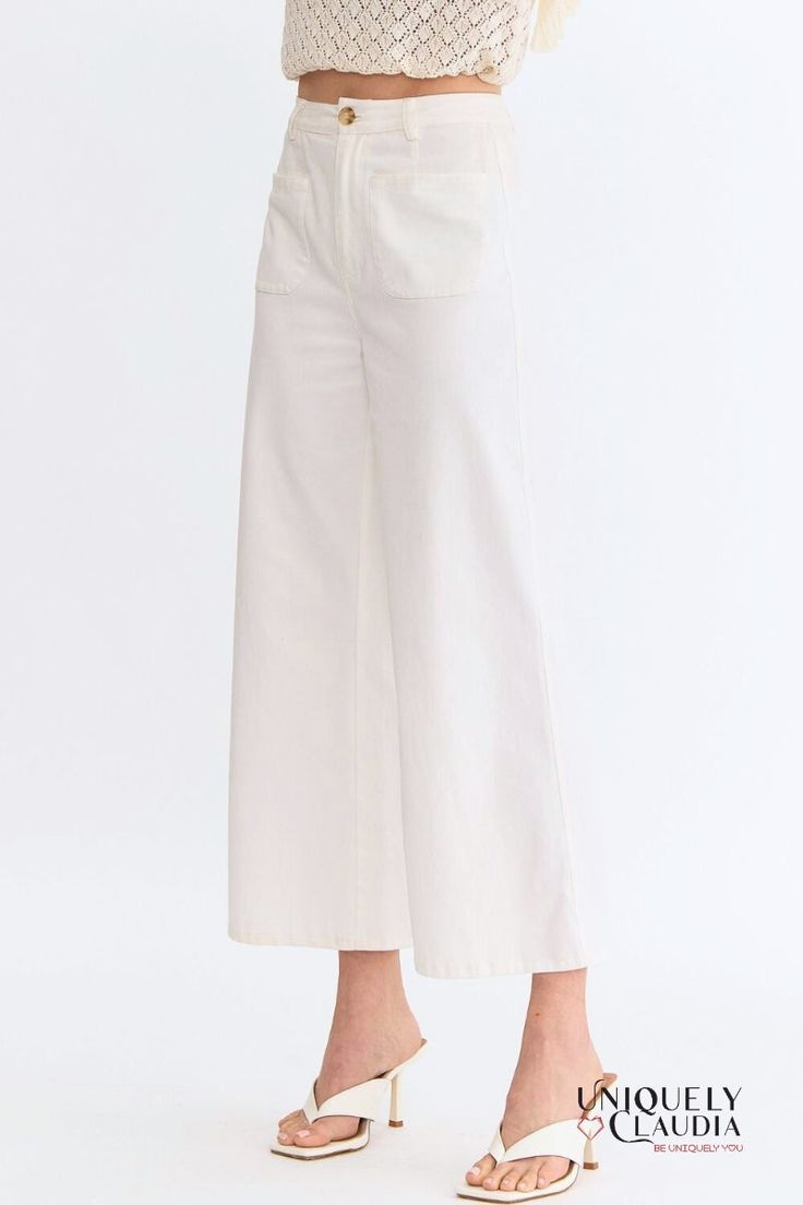 The Kelly Off-White Culotte Pants are high-waisted with a flattering wide-leg silhouette. They feature convenient front pockets and chic faux pockets at the back, adding a touch of sophistication. The front zipper closure and belt loops offer a versatile fit, while the lightweight, woven fabric ensures comfort without compromising on style. These non-sheer pants are unlined, making them perfect for any season. - Unlined - 97% Cotton, and 3% Spandex - Wash Cold. Do Not Bleach. Line Dry. - Importe Sheer Pants, Culotte Pants, Denim Top, High Waisted Pants, Long Tops, Short Tops, Summer Collection, Dress Collection, Front Zipper