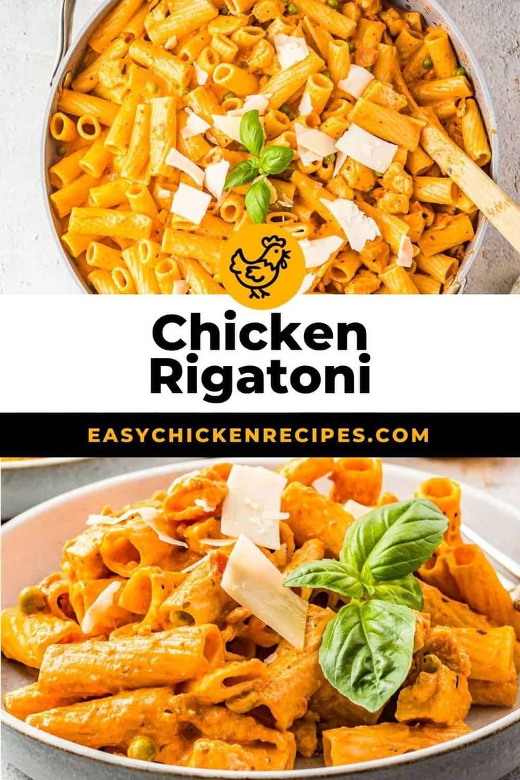 chicken rigatoni pasta in a pan with basil leaves and parmesan cheese