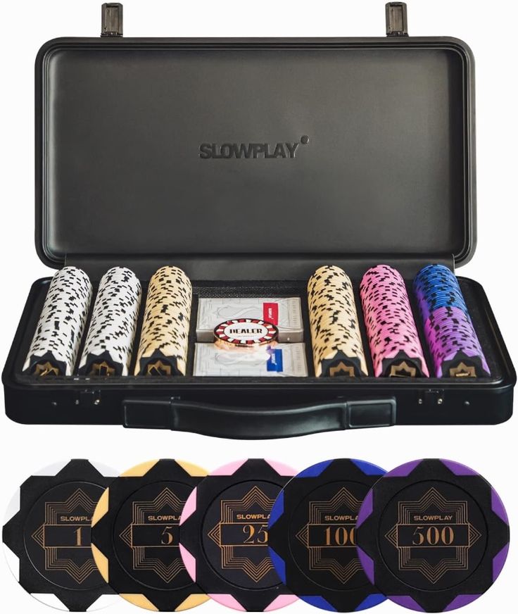 an open case with poker chips in it and the words slowway on each side