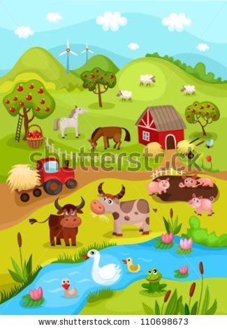 farm scene with cows and ducks in the river, barn and tractor on the other side