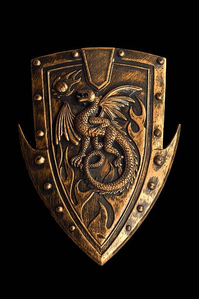 a golden shield with a dragon on it's side and rivets around the edges