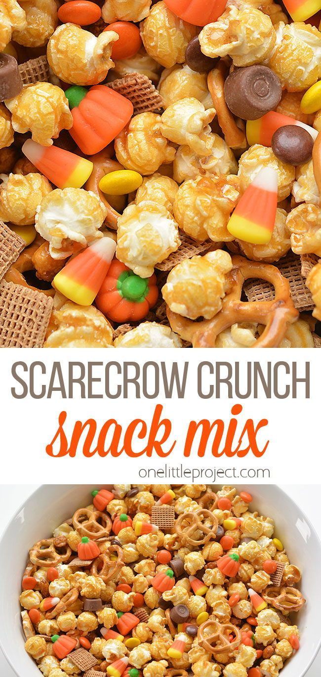 a bowl full of candy corn snack mix with the words scarecrow crunch on top