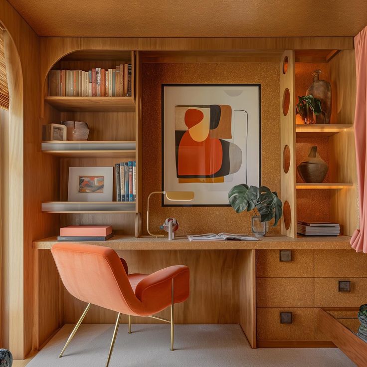 a room with a desk, chair and bookshelf in the corner next to a window