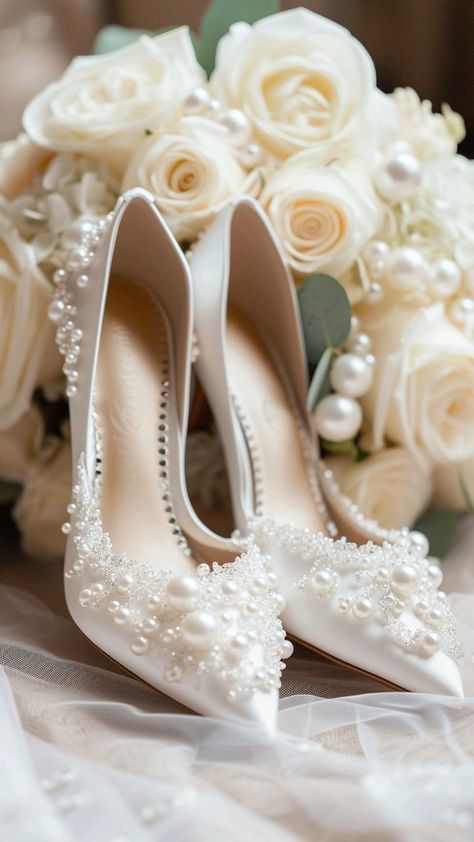 the bridal shoes are sitting on top of the bride's bouquet, which is adorned with white roses and pearls