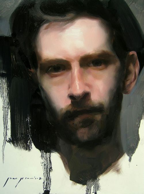 a painting of a man's face with black hair and beard, looking to the side