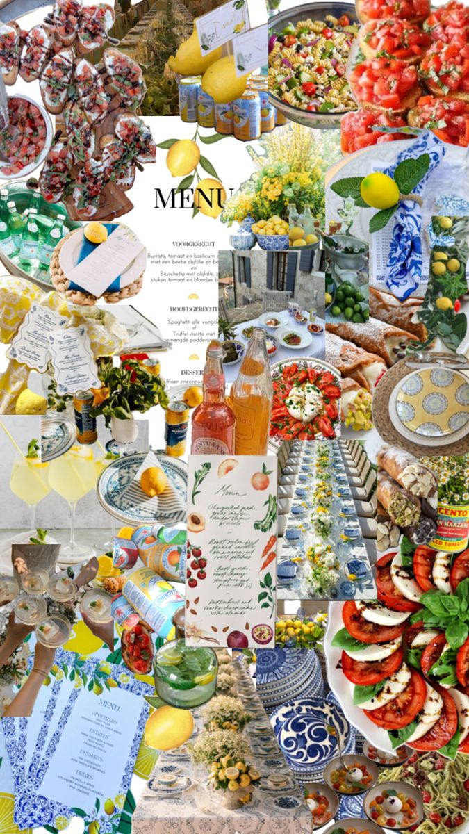 a collage of different food items including tomatoes, lettuce and lemons