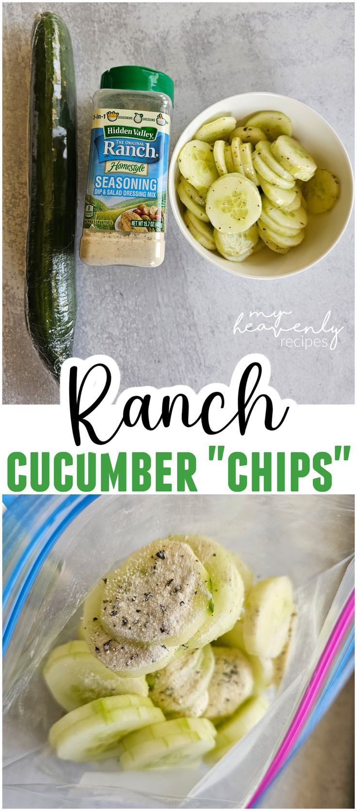 the ingredients to make ranch cucumber chips are in plastic bags and placed on top of each other