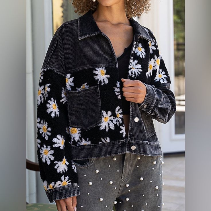 Features: Pocketed, Buttoned Thickness: Normal Material Composition: 90% Cotton, 10% Polyester Care Instructions: Machine Wash Cold. Tumble Dry Low. Imported Product Measurements: S: Shoulder 23.4 In, Bust 41.3 In, Length 19.9 In, Sleeve Length 19.5 In M: Shoulder 24 In, Bust 42.9 In, Length 20.3 In, Sleeve Length 19.9 In L: Shoulder 24.6 In, Bust 44.5 In, Length 20.7 In, Sleeve Length 20.3 In Black Floral Print Casual Outerwear, Casual Black Floral Print Outerwear, Black Casual Outerwear With Floral Print, Red Corduroy Jacket, Zara Denim Jacket, Boyfriend Denim Jacket, Grey Denim Jacket, Celebrity Pink Jeans, Embroidered Denim Jacket