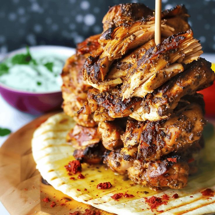 a stack of food sitting on top of a wooden plate