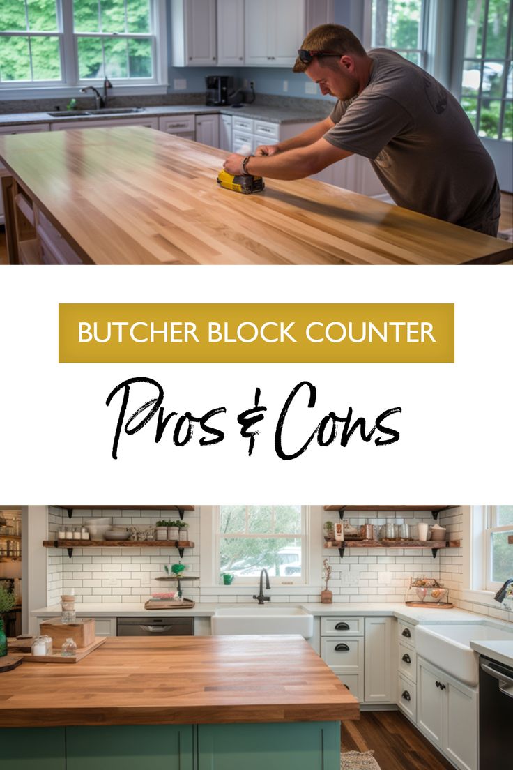 a man sanding the counter top in his kitchen with text overlay that reads butcher block counter pros and cons