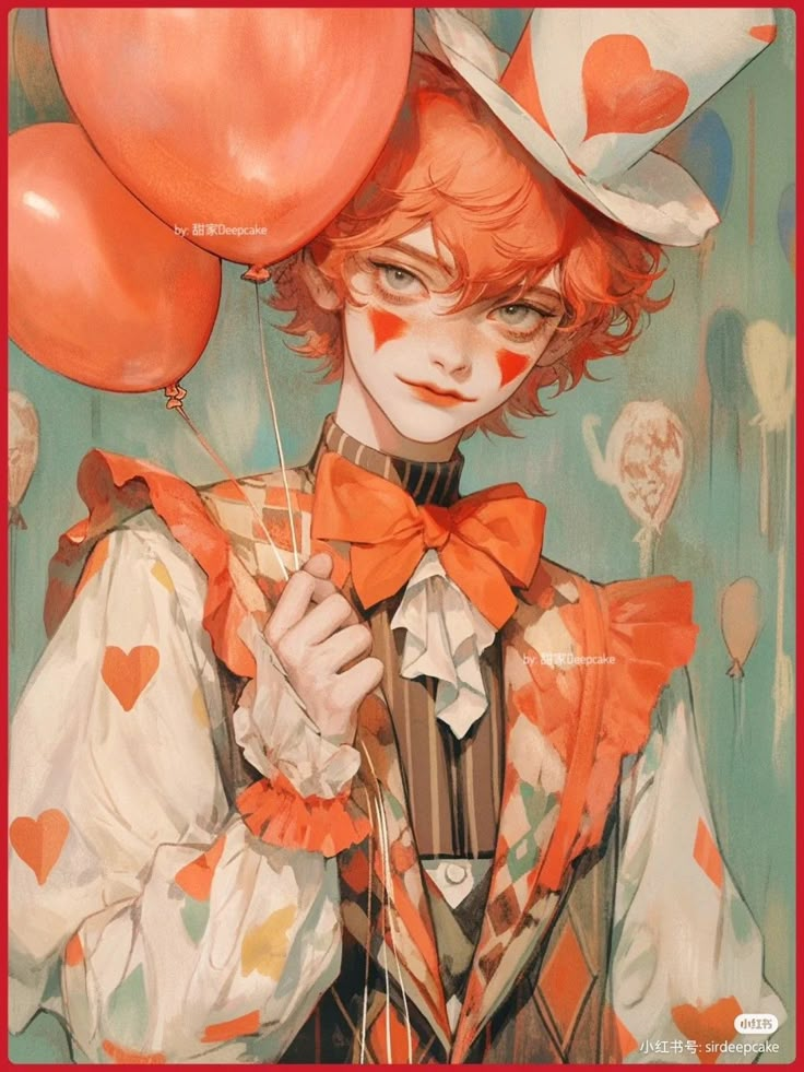 a painting of a clown with red hair holding balloons in front of his face and looking at the camera