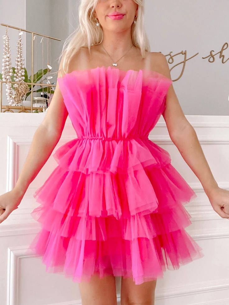 The Too Good To Be Tulle Organza Dress from Sassy Shortcake is a hot pink strapless tiered ruffle dress. She is lined, has a hidden side zipper, and the soft tulle is super comfy - no itch! Also available in baby blue. fits true to size, model wearing a size small Pink Hoco Dress Short, 30th Outfit, Hot Pink Hoco Dress, Hoco Dress Short, Pink Hoco Dress, Pink Hoco Dresses, Sassy Shortcake, Babydoll Dresses, Barbie Dresses