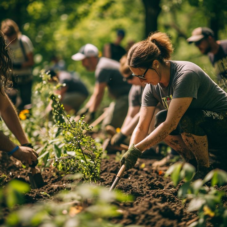 a group of people are working in the garden with shovels and weeding plants