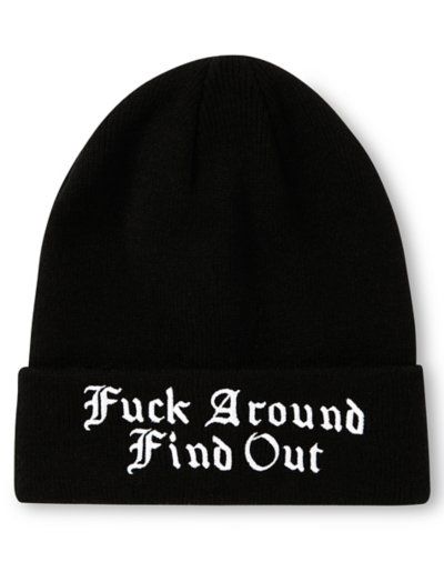 Keep warm and show off your attitude with style when you rock this F Around Find Out Cuff Beanie Hat as part of your casual look. This stylish beanie is the perfect choice for cold weather and is sure to always have you looking fresh. Regular fit Mid crown Material: Acrylic Care: Hand wash cold Imported One size fits most Trendy Fall Beanie Cap, Hip Hop Beanie For Winter Streetwear, Hip Hop Beanie For Streetwear In Winter, Adjustable Fit Hip Hop Hats For Winter, Streetwear Beanie With Letter Print, Hip Hop Snapback Winter Hats, Trendy Winter Beanie With Letter Print, Hip Hop Winter Snapback Hats, Trendy Letter Print Beanie For Winter