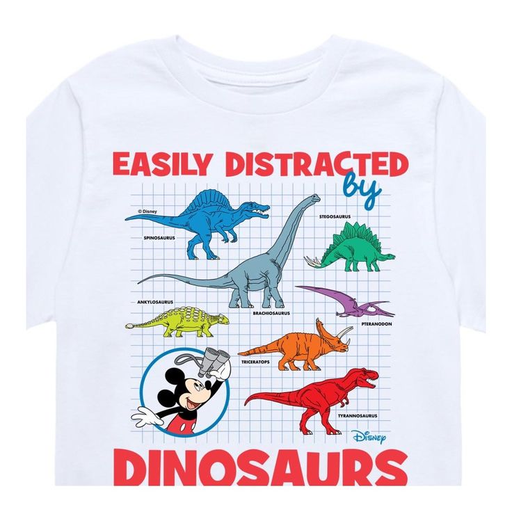 Disney - Mickey & Friends - Easily Distracted By Dinosaurs - Youth Short Sleeve Graphic T-Shirt - Celebrate the essence of Disney's Disney with officially licensed apparel featuring unique designs crafted exclusively by Hybrid Apparel. Each piece brings beloved characters, iconic imagery, and memorable moments to life, offering Disney fans a one-of-a-kind way to showcase their passion. Disney Dinosaur, Disney Boys, Easily Distracted, Kids Clothes Boys, Top Graphic Tees, Boys Long Sleeve, Mickey And Friends, Memorable Moments, Crew Neck Tee