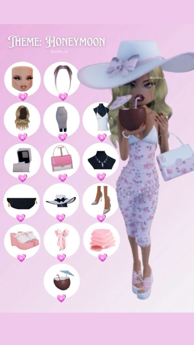 a woman in a white hat and dress with many different items on her chest, including purse