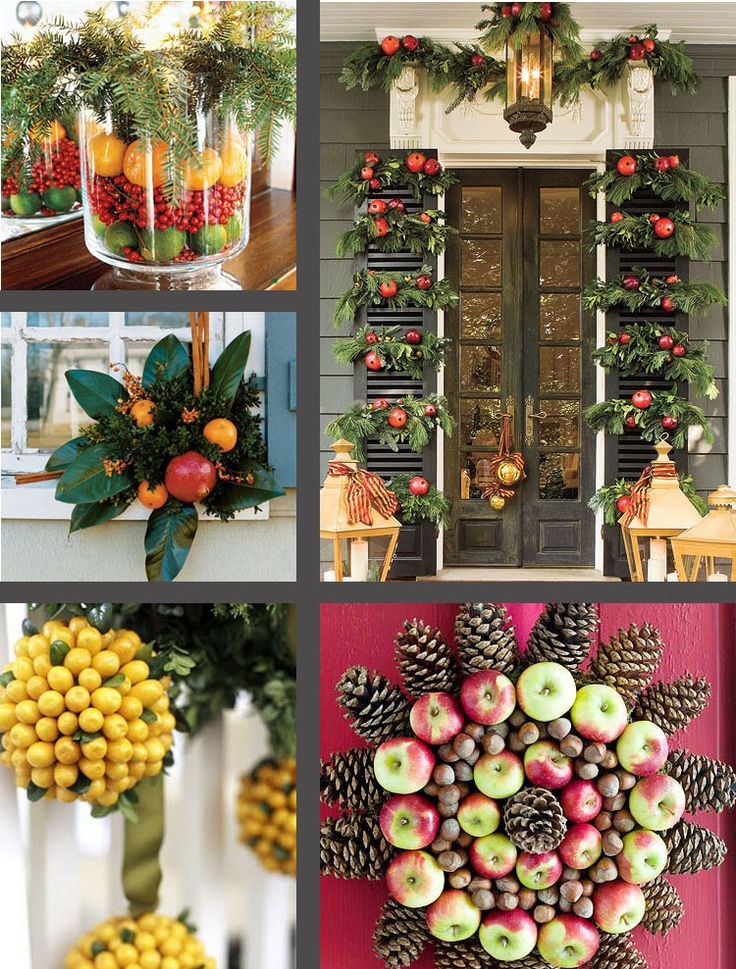 four different pictures with pine cones, apples and wreaths on the front door for holiday decor